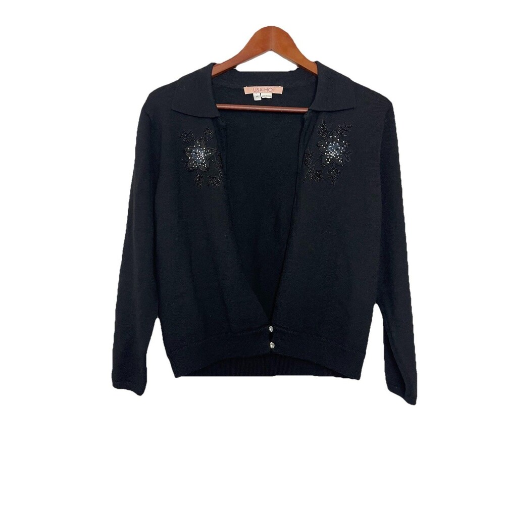 Lisa Ho Women's Medium Black Wool Sweater Collared Floral Embellished Vintage